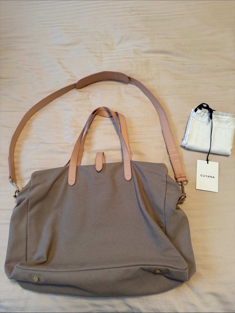 Cuyana Taupe Canvas Tote with Tan Leather Straps and Shoulder Strap